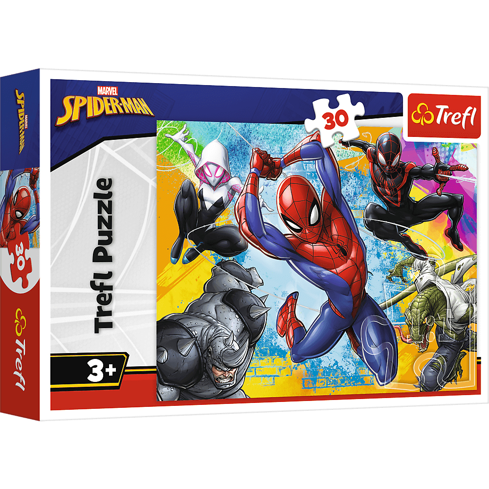 Spider-Man Puzzlebox. Zeigt Spider-Man, Spider-Gwen, Miles Morales, Rhino und Lizard. Das Puzzle hat 30 Teile.