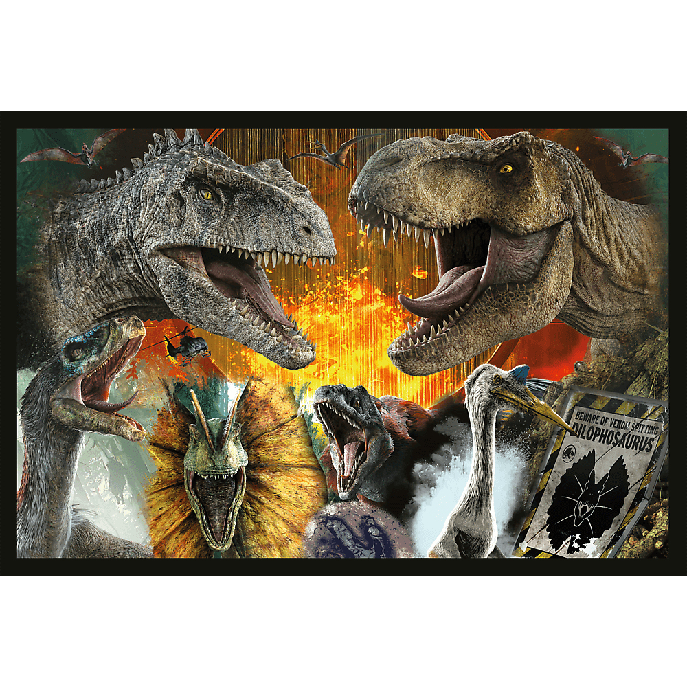 Dinosaurier kollidieren in einer feurigen Szene. Ein T-Rex und ein Giganotosaurus stehen sich gegenüber. Weitere Dinosaurier und ein Warnschild sind ebenfalls vorhanden.