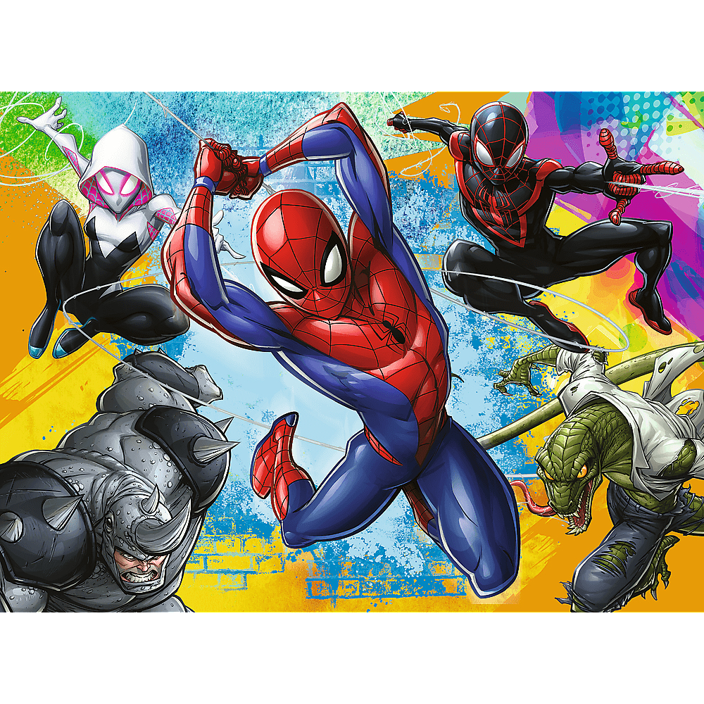 Spider-Man und andere in Aktion. Bunter Comic-Stil. Mit Spider-Gwen, Miles Morales, Rhino und Lizard.