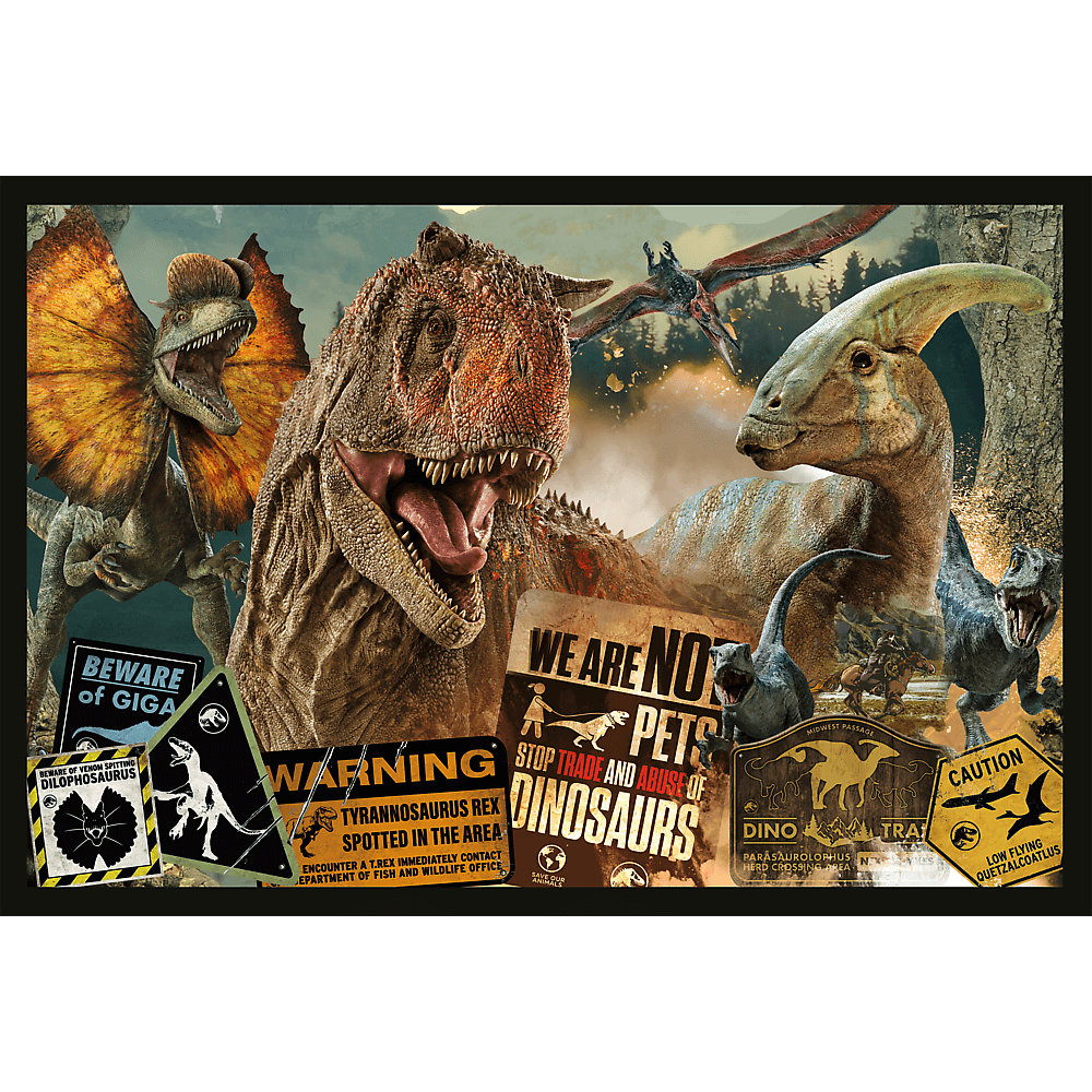 Dinosaurier verschiedener Arten mit Warnschildern, darunter ein Tyrannosaurus Rex und ein Dilophosaurus. Waldbildhintergrund.