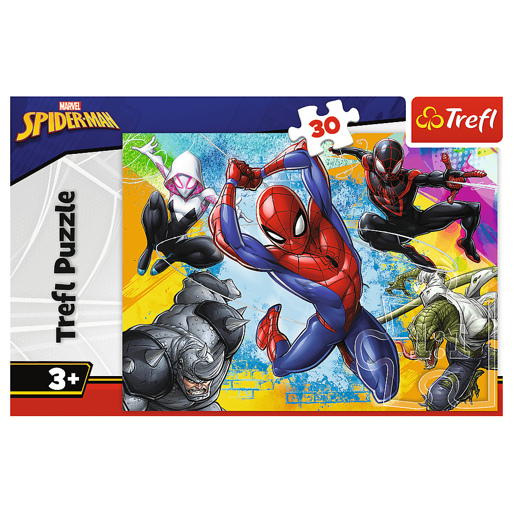 Spider-Man-Puzzle. Zeigt Spider-Man, Spider-Gwen, Miles Morales, Lizard und Rhino. Das Puzzle besteht aus 30 Teilen und ist für Kinder ab 3 Jahren geeignet.