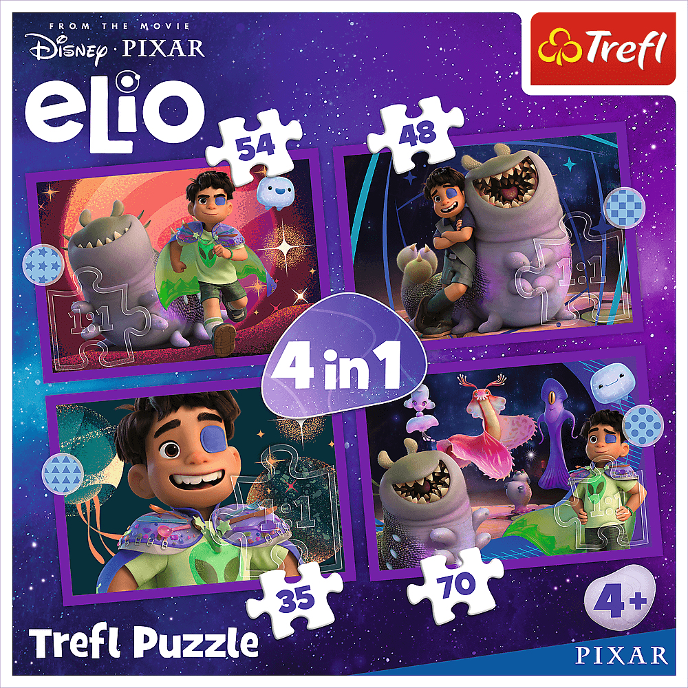 Pudełko z puzzlami Trefl. Pokazuje Elio z Disney Pixar, z elementami układanki i różnymi postaciami kosmitów na gwiezdnym tle.