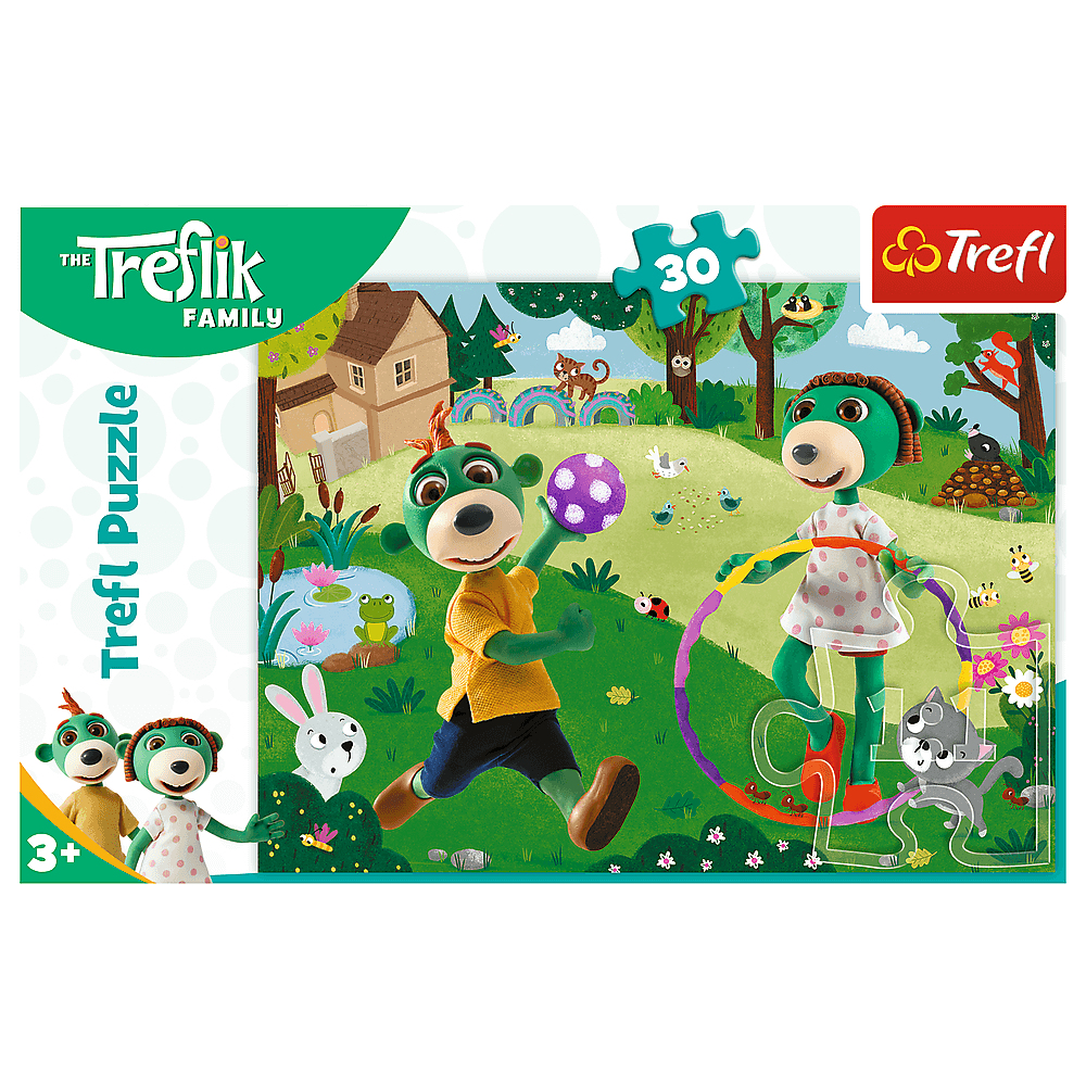 Puzzle Trefl z kreskówkowymi niedźwiedziami bawiącymi się piłką i kołem. Tło zawiera dom, drzewa i zwierzęta.