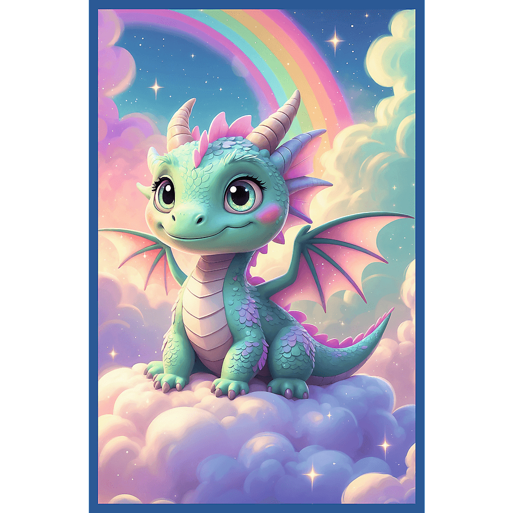 Ein niedlicher Zeichentrickdrache sitzt auf einer Wolke, Regenbogen und Sterne im Hintergrund. Der Drache ist türkis mit rosa Akzenten und großen Augen.