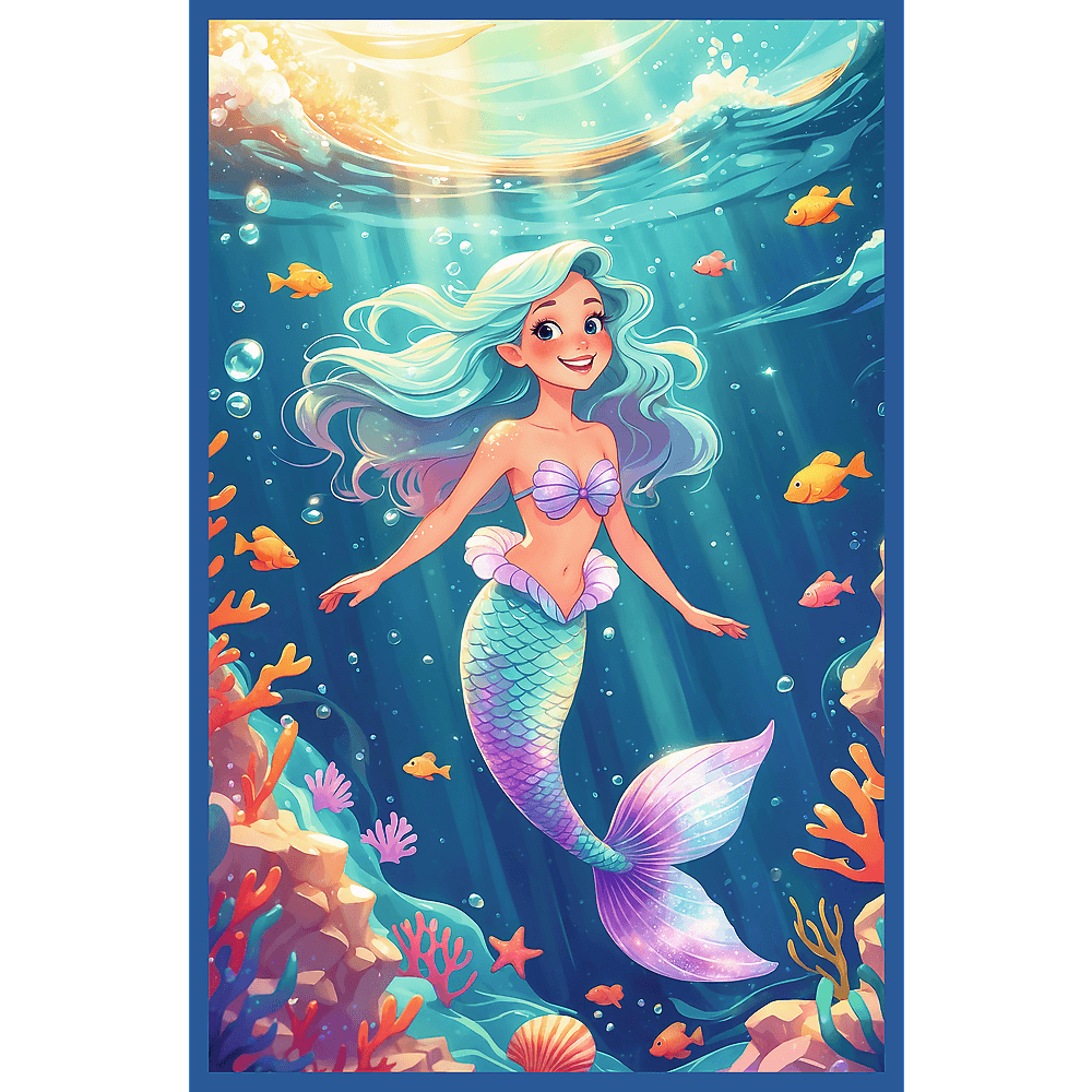 Eine lächelnde Meerjungfrau schwimmt unter Wasser. Sie hat blaue Haare, ein lila Muscheloberteil und einen bunten Schwanz. Fische und Korallen umgeben sie.