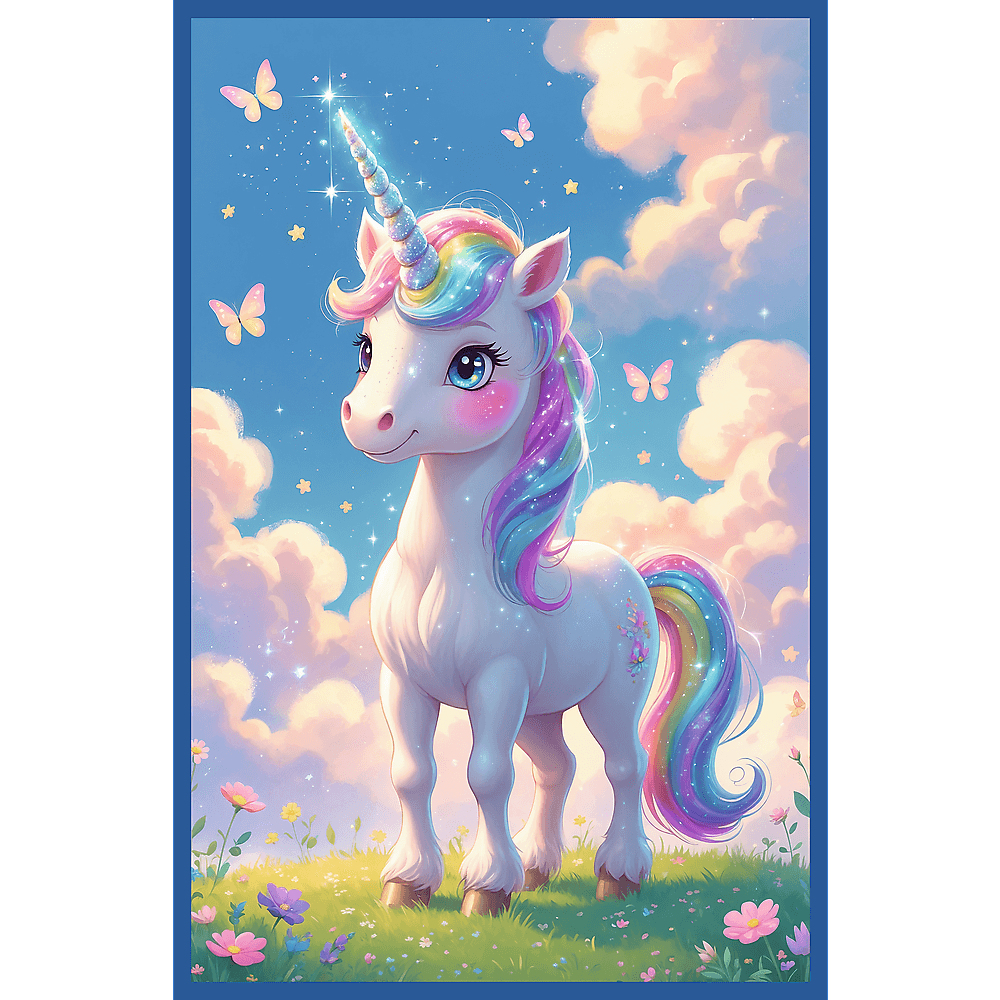 Ein Einhorn mit Regenbogenmähne und -schwanz steht auf einer Blumenwiese unter blauem Himmel mit Wolken und Schmetterlingen.