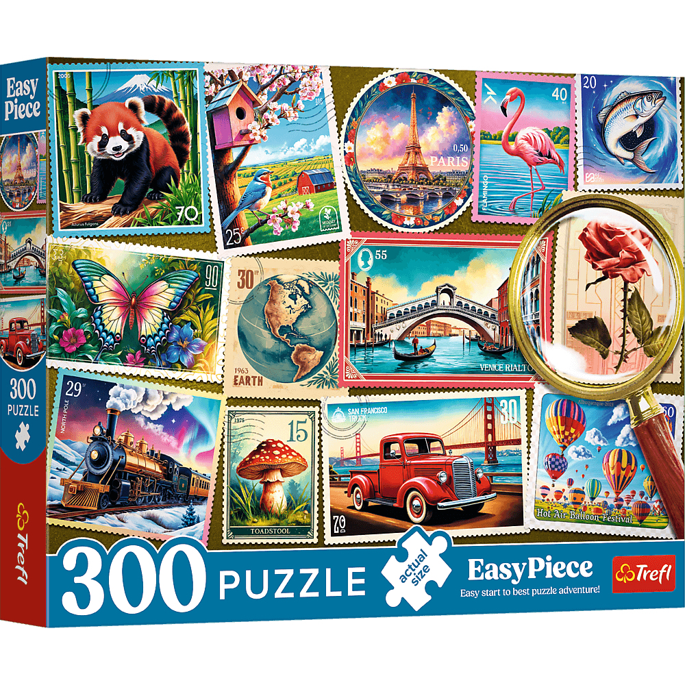 Une boîte de puzzle de 300 pièces avec des timbres représentant un panda roux, la tour Eiffel, un papillon, un train, etc., et une loupe.
