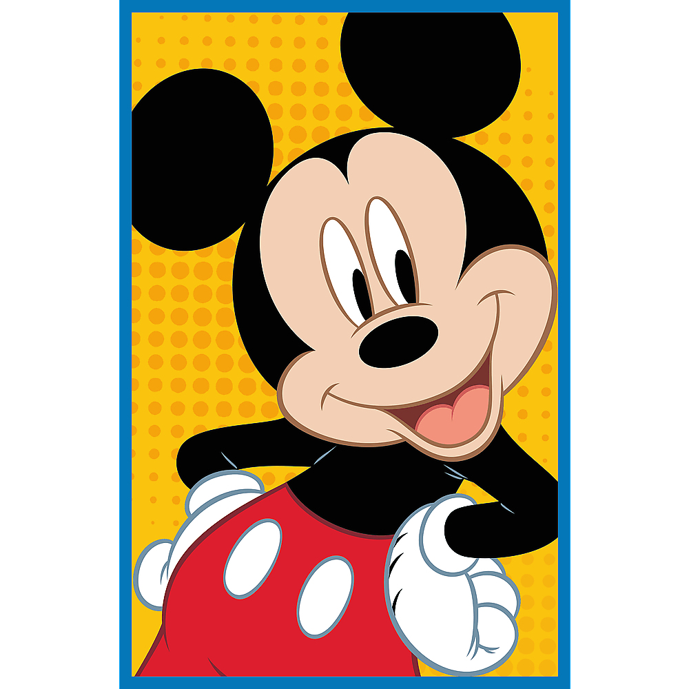 Mickey Mouse souriant, portant un short rouge avec des boutons blancs et des gants blancs. Fond jaune à pois orange, bord bleu.