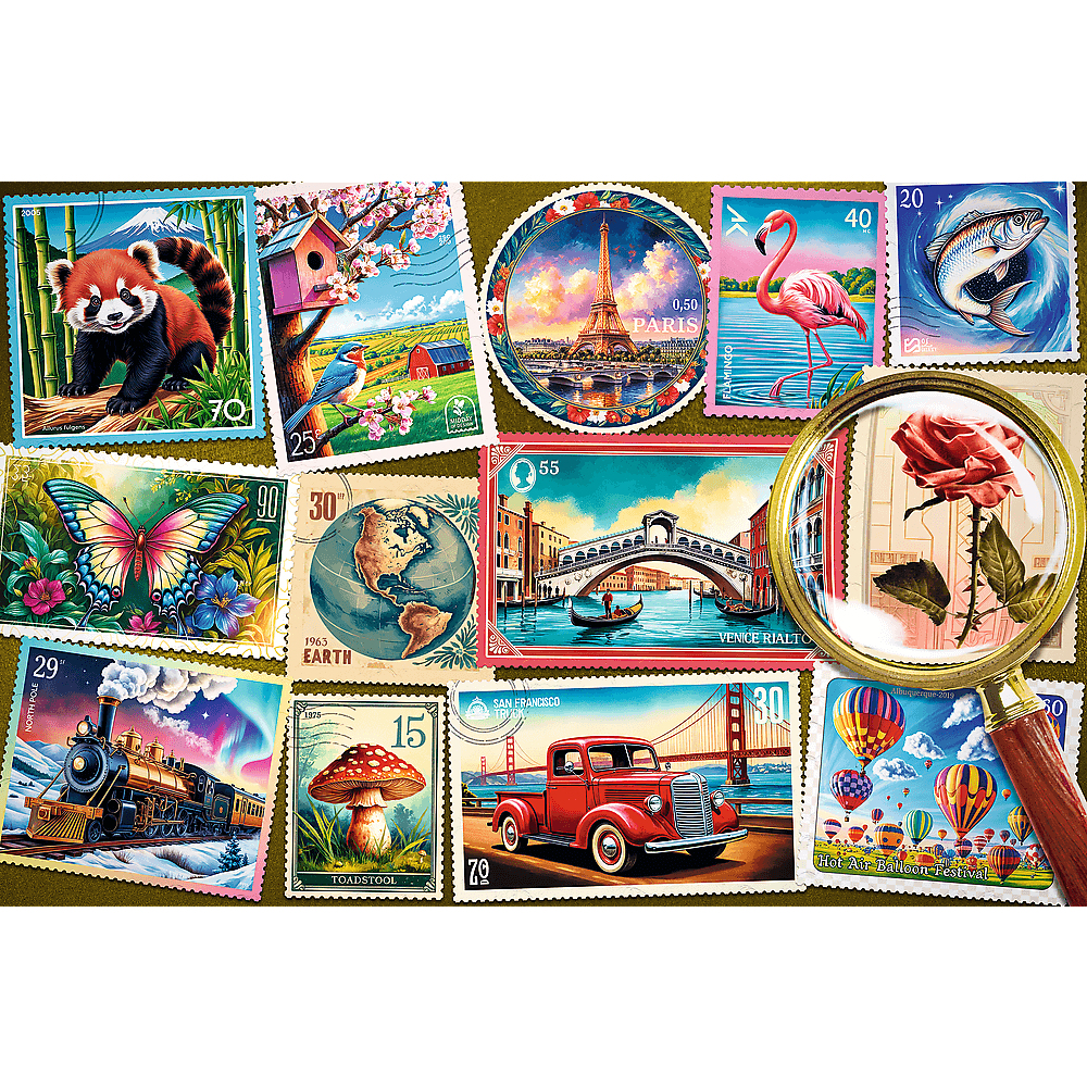 Une collection de timbres. L'un montre un panda, un autre un papillon et un avec un camion rouge. Une loupe est sur un timbre de rose.