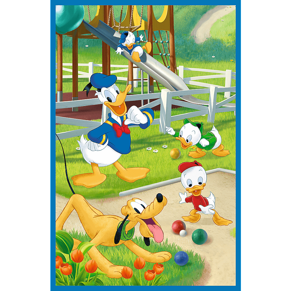 Donald Duck et ses neveux jouent dehors avec Pluto. Aire de jeux en arrière-plan. Balles colorées et fleurs au premier plan.
