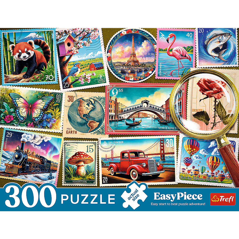 Un puzzle coloré avec des timbres sur divers thèmes tels que la nature, les monuments et les transports.