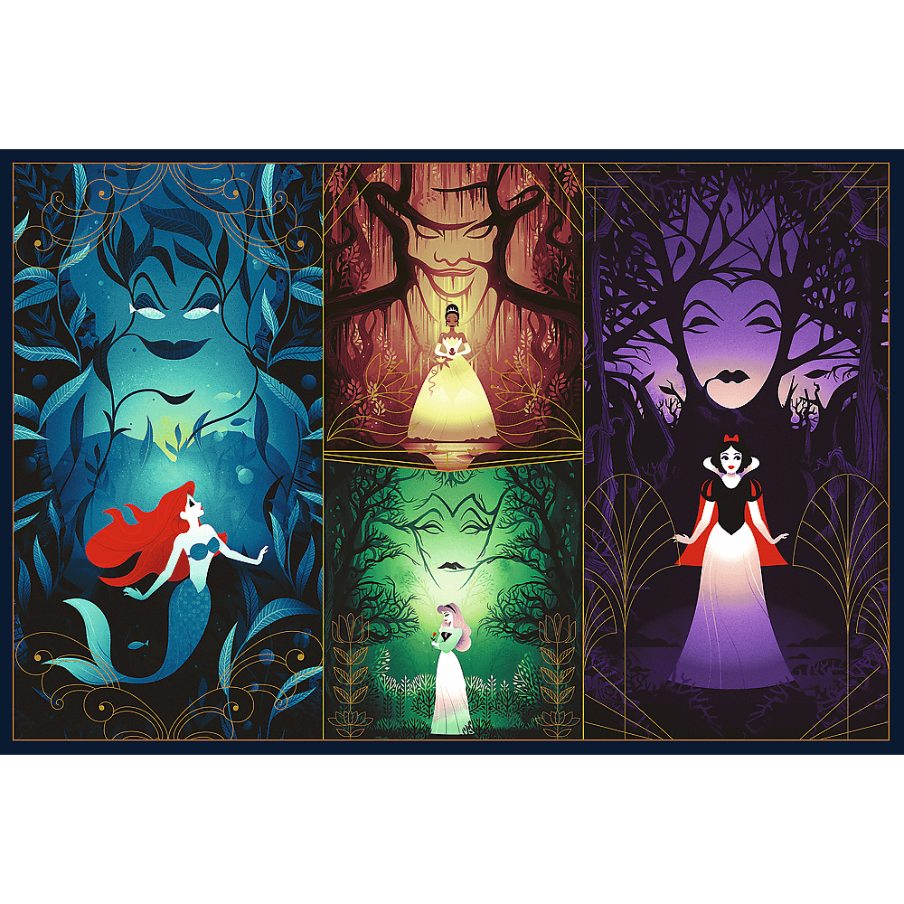 Illustrationen von Arielle, Tiana, Aurora und Schneewittchen. Jedes befindet sich in einem separaten Feld, umgeben von stilisiertem Laub, mit einem bösen Gesicht darüber.