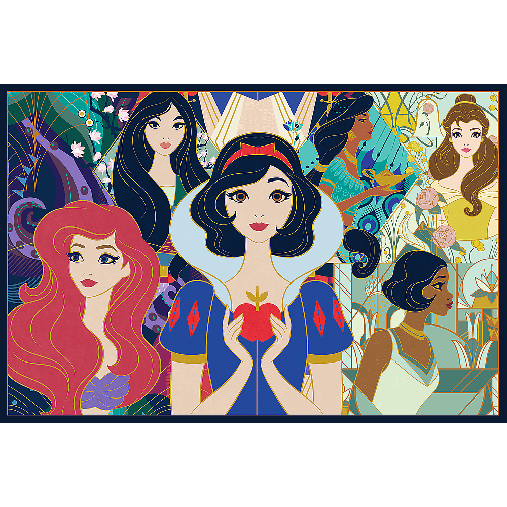 Illustration von Disney-Prinzessinnen: Arielle, Schneewittchen, Jasmin, Belle und andere. Jede in einem einzigartigen Art-Deco-Stil, in einem Rahmen.