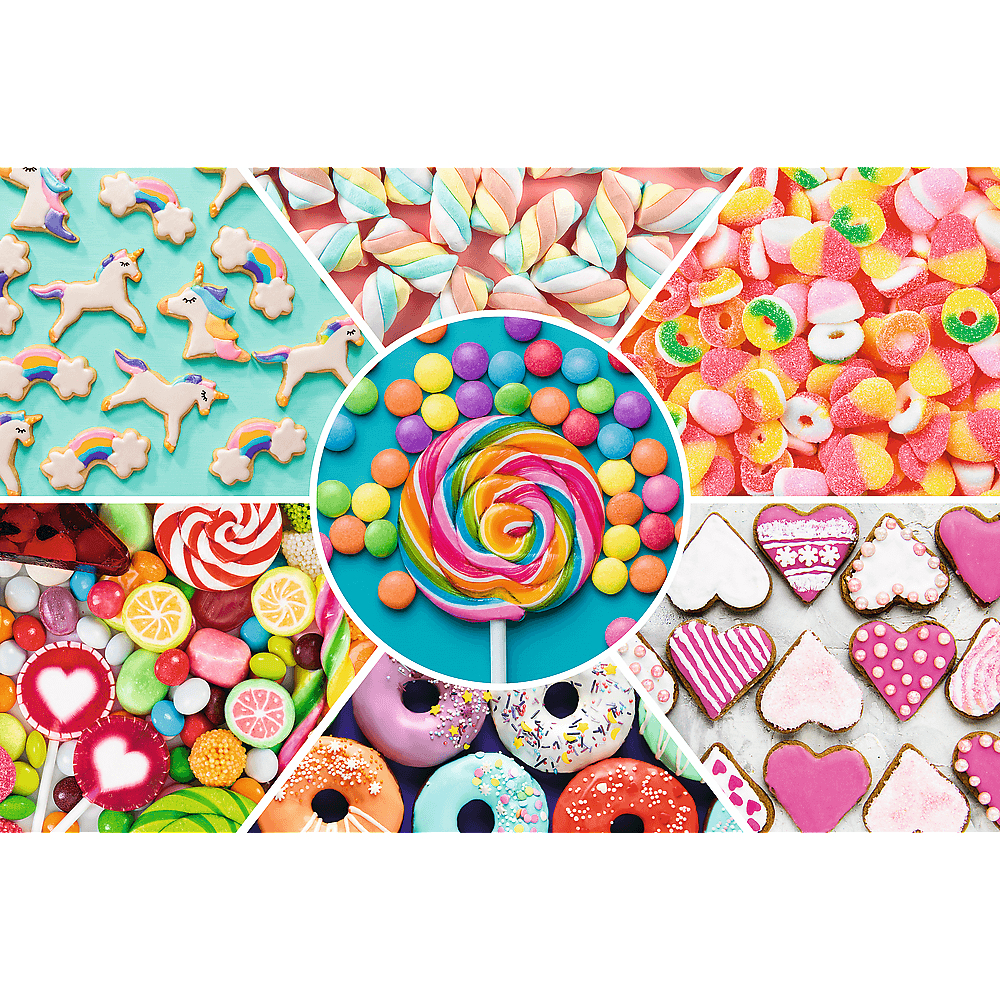 Kolorowy kolaż słodyczy. Zawiera ciasteczka jednorożce, pianki marshmallow, cukierki, lizaka, pączki i ciasteczka w kształcie serca.