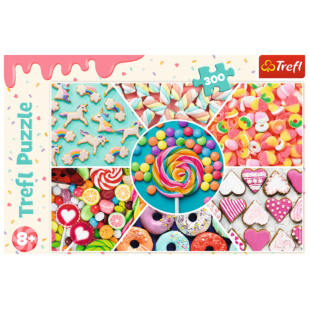Puzzle Trefl z różnymi słodyczami: lizakami, ciasteczkami, pączkami, cukierkami i piankami marshmallow. Puzzle dla dzieci w wieku 8+.