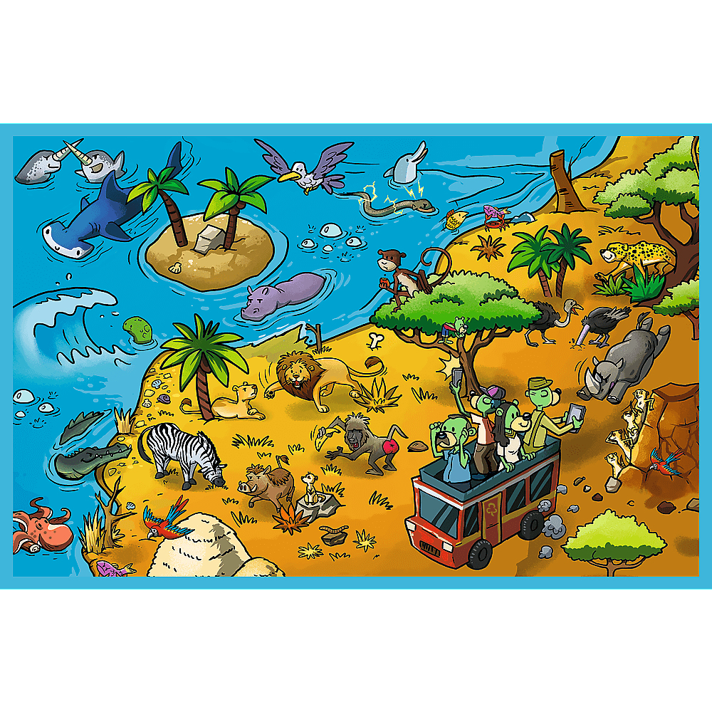 Cartoon-Safari-Szene mit verschiedenen Tieren, darunter ein Hai, Löwe, Zebra und ein Bus mit Touristen. Bäume und Wasser umgeben.
