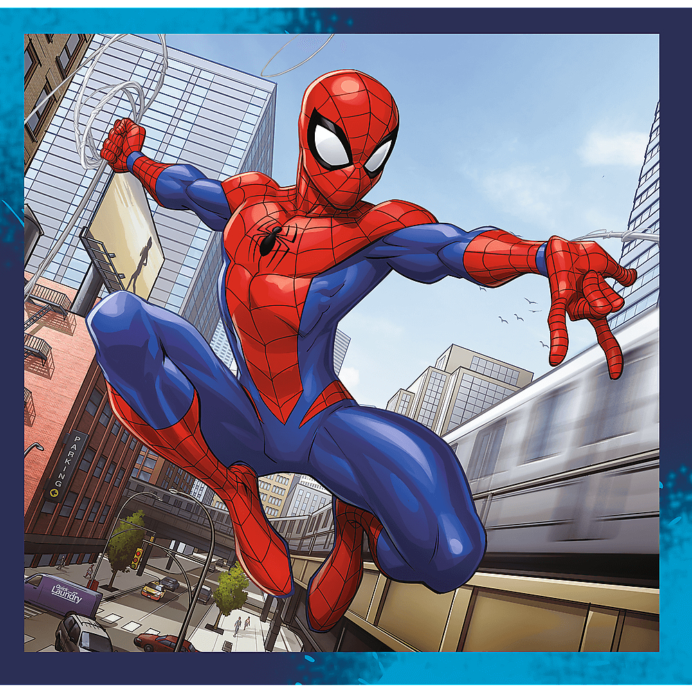 Spider-Man in Aktion, rot-blauer Anzug, Spinnweben in der Hand, Stadt im Hintergrund, Zug, Gebäude und blauer Himmel.