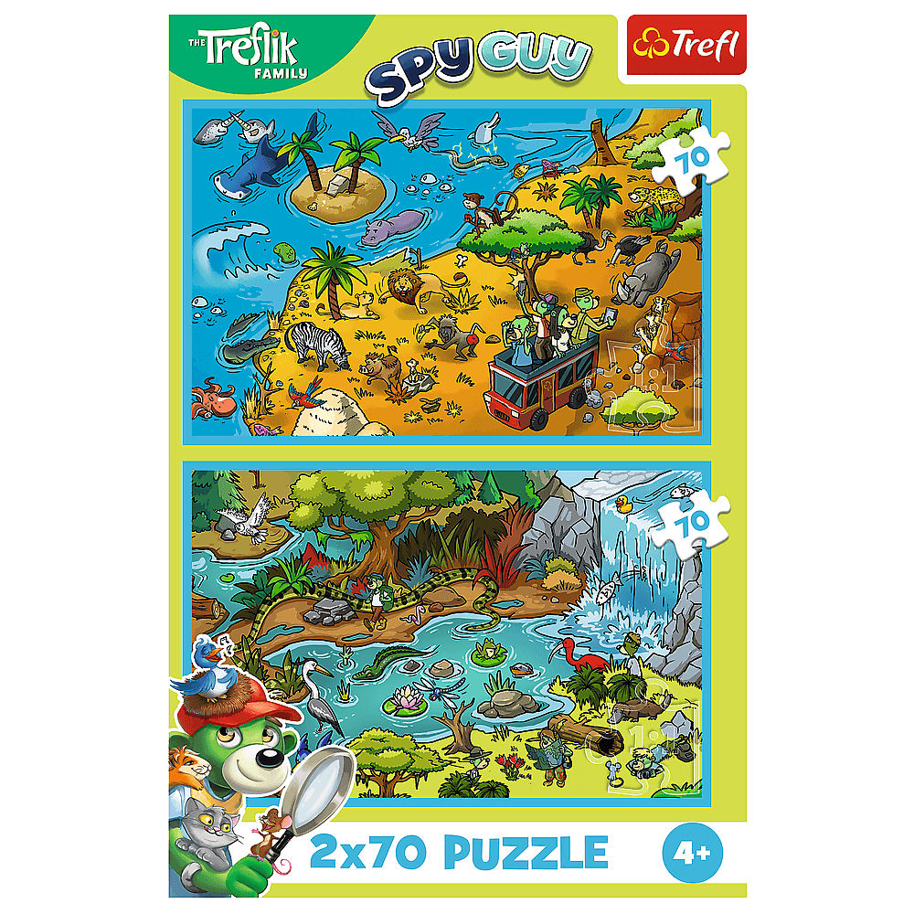 Ein farbenfrohes Puzzle zeigt zwei Dschungelszenen. Die obere Szene zeigt Tiere und einen Bus. Die untere Szene hat einen Wasserfall und einen Fluss.