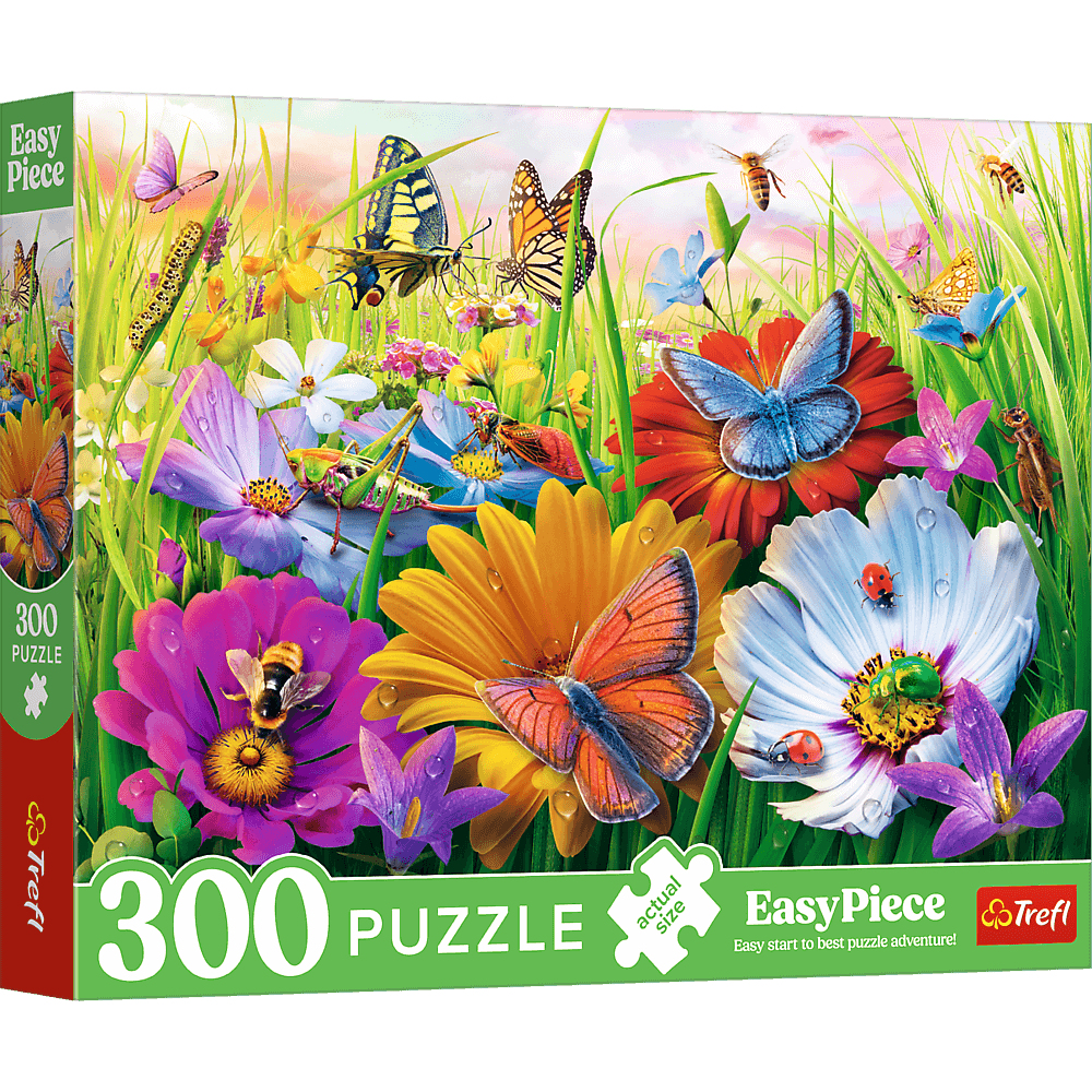 Eine Puzzleschachtel mit einem bunten Bild von Schmetterlingen, Bienen und Blumen in einer Gartenszene. Der Text '300 Puzzle' ist sichtbar.