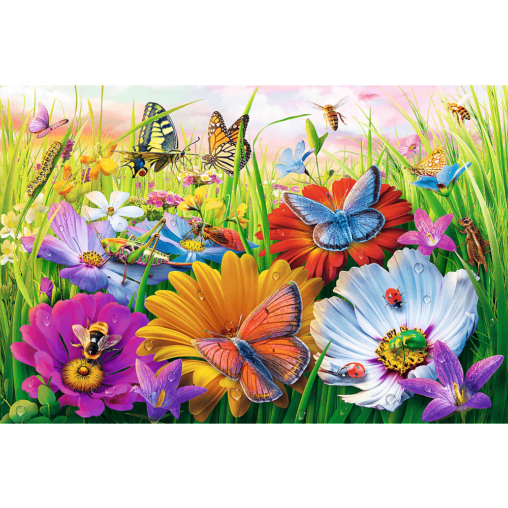 Eine lebendige Gartenszene. Schmetterlinge, Bienen und Marienkäfer ruhen auf bunten Blumen im hohen Gras.