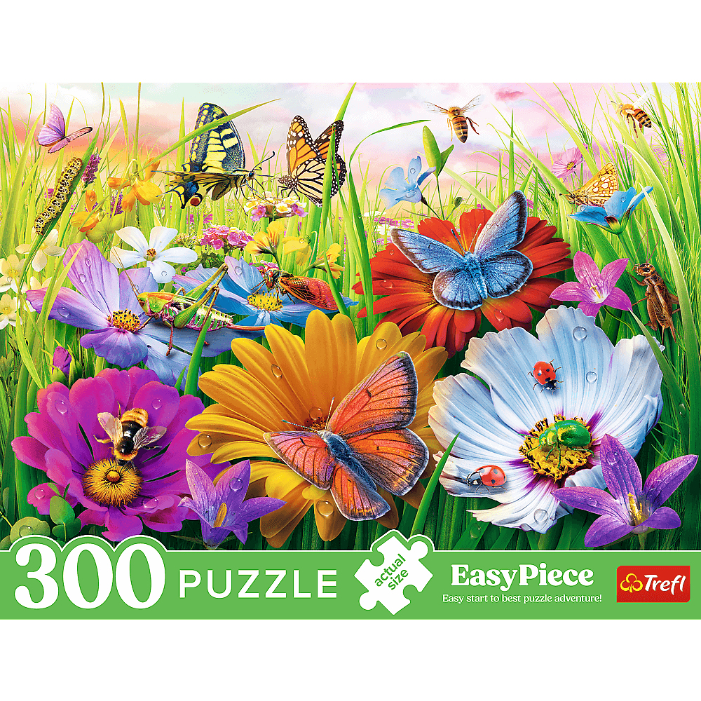 Ein farbenfrohes Puzzlespiel mit Blumen, Schmetterlingen, Bienen und Marienkäfern. Grünes Gras und ein rosa Himmel bilden den Hintergrund. Das Puzzle lautet '300 Puzzle'.