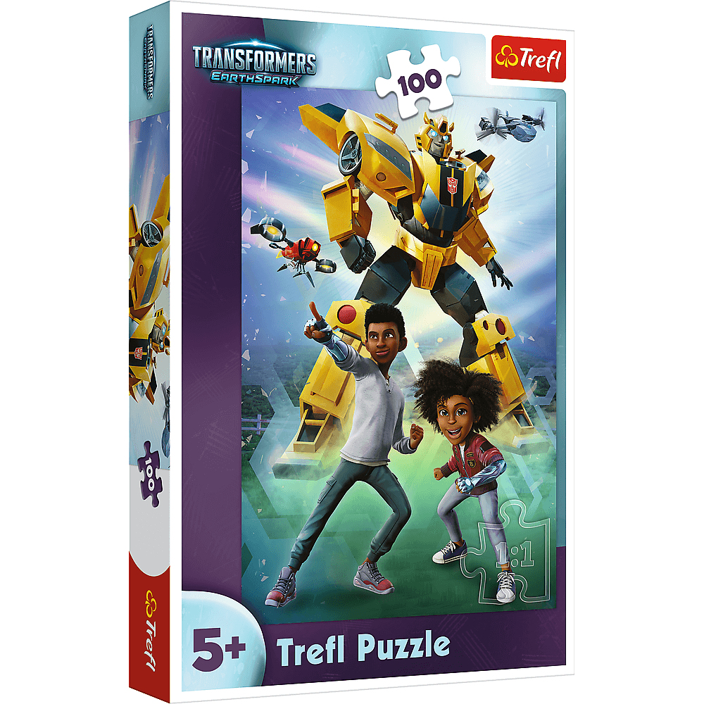 Pudełko z puzzlami Trefl. Przedstawia Bumblebee, dwoje dzieci i inne postacie z Transformers. Puzzle mają oznaczenie 5+ i składają się ze 100 elementów.