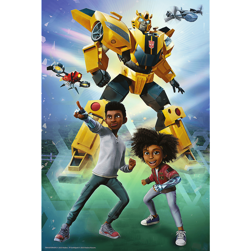 Robot Bumblebee z dwójką dzieci. Chłopiec wskazuje. Dziewczyna się uśmiecha. Drony latają. Żółty i niebieski dominują scenę.