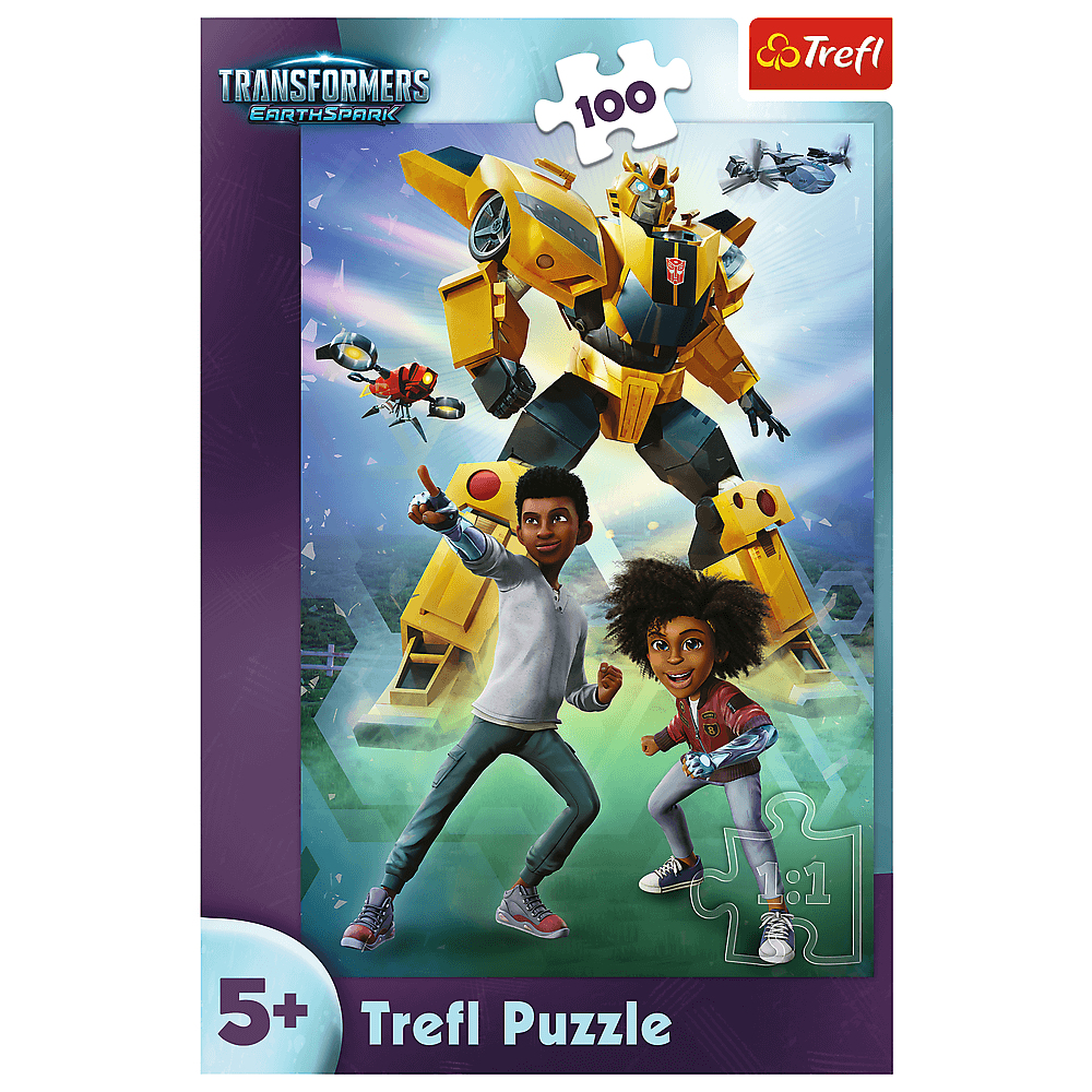 Puzzle przedstawia robota Bumblebee, dwoje dzieci i latające pojazdy. Dominują kolory żółty i czarny. Obecne logo Trefl Puzzle.