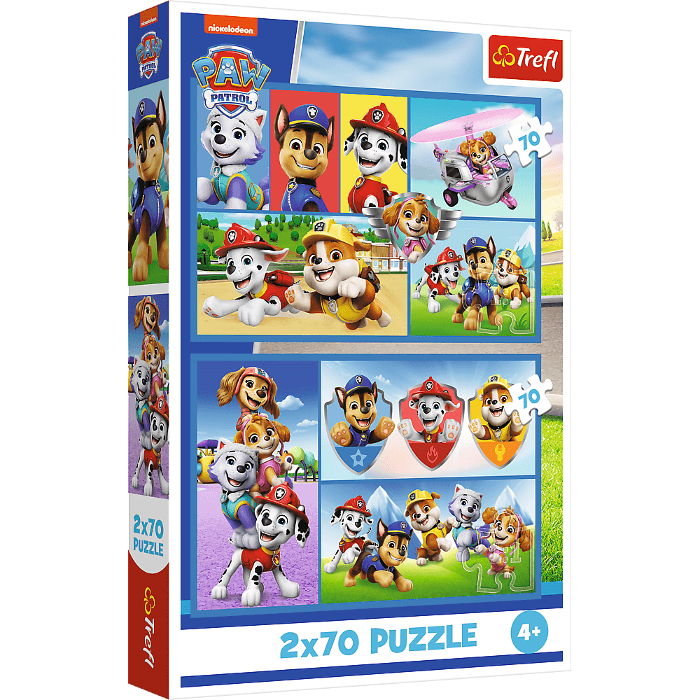 Une boîte de puzzle Paw Patrol. Elle montre divers personnages de Paw Patrol dans différentes scènes, avec le logo en haut.