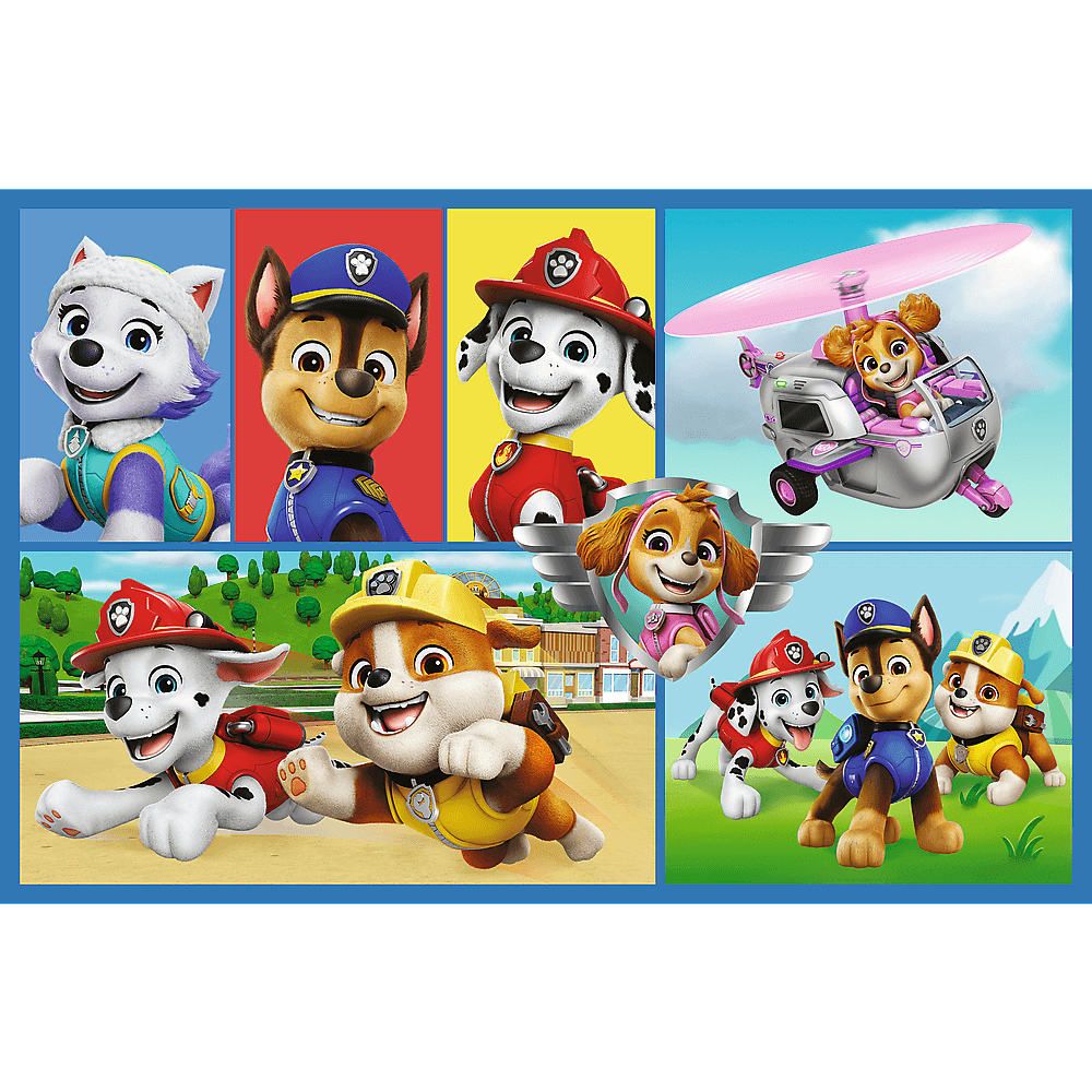 Personnages de Pat' Patrouille: Everest, Chase, Marshall, Skye en hélicoptère, Rubble, Zuma, Rocky et autres sur fond bleu.