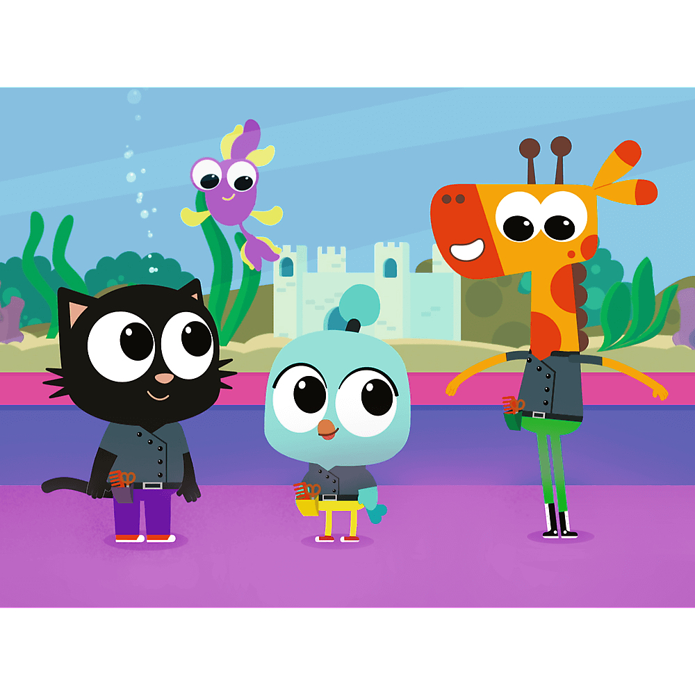 Zeichentrickszene mit schwarzer Katze, blauem Vogel und Giraffe. Ein lila Fisch schwimmt über einer Burg. Alle Charaktere tragen Uniformen.