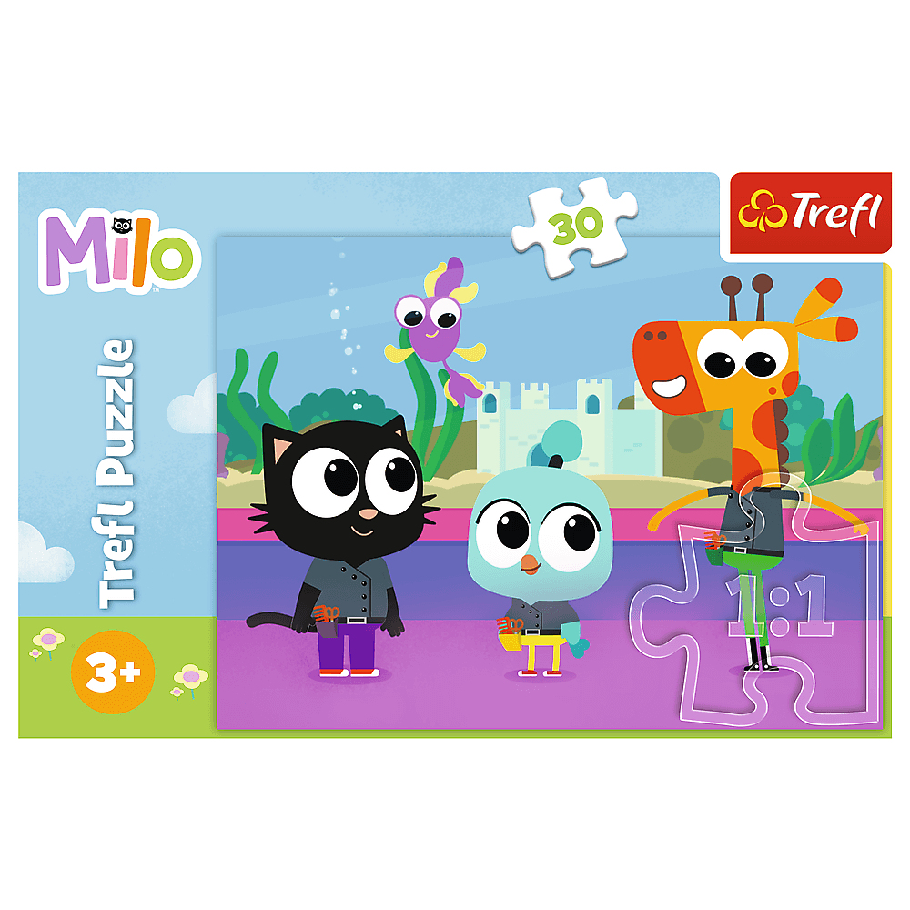 Eine Trefl-Puzzleschachtel. Es zeigt Zeichentrickfiguren: eine schwarze Katze, einen blauen Vogel, eine Giraffe und einen lila Fisch, in der Nähe einer Burg.