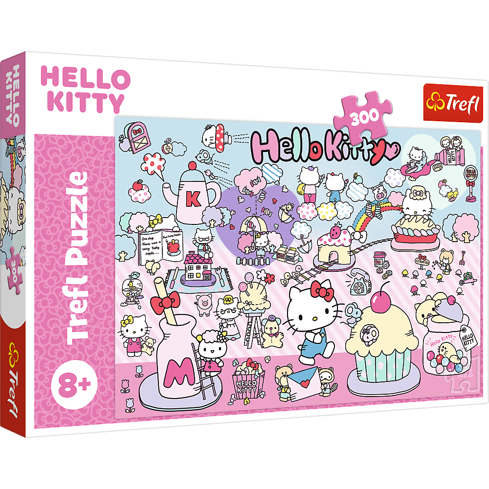 Boîte de puzzle Hello Kitty Trefl. Comprend Hello Kitty et ses amis avec des nuages, des maisons, des gâteaux et un arc-en-ciel. Fond rose et bleu.