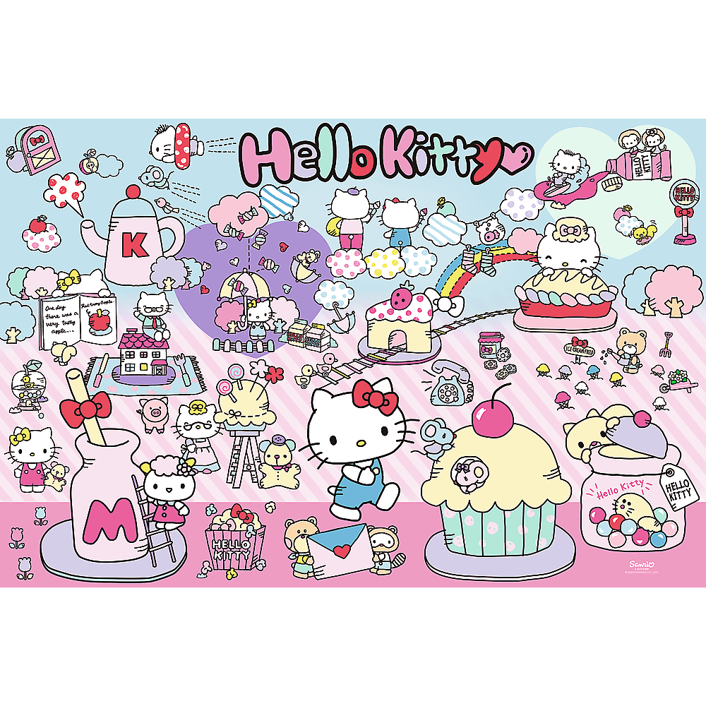 Illustration Hello Kitty. Comprend plusieurs Hello Kitty, des gâteaux, des nuages et divers objets. Couleurs pastel avec fond rose et bleu.