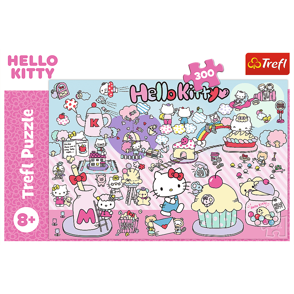 Boîte de puzzle Hello Kitty avec divers personnages Hello Kitty, gâteaux et autres éléments mignons sur fond rose.