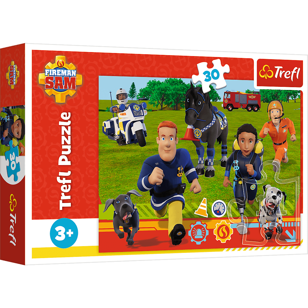Brandweerman Sam puzzel. Personages rennen over groen gras met honden, een paard, een motor en een brandweerwagen. Rode achtergrond.