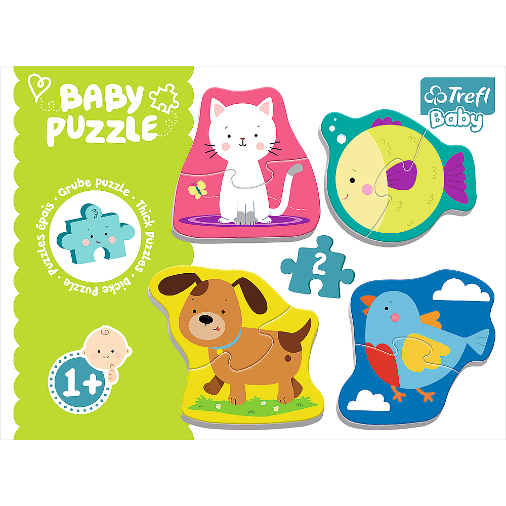 Ein Babypuzzle mit Katze, Fisch, Hund und Vogelfiguren. Es hat einen grünen Hintergrund und die Aufschrift 'Baby Puzzle' und '1+'.