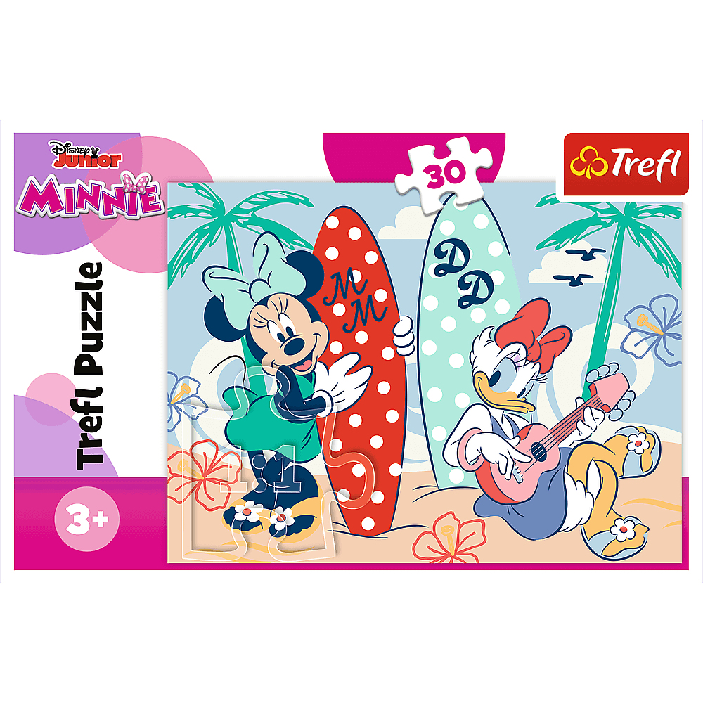 Myszka Minnie i Kaczka Daisy na puzzlach. Myszka Minnie trzyma deskę surfingową. Daisy gra na gitarze. Tło plażowe.