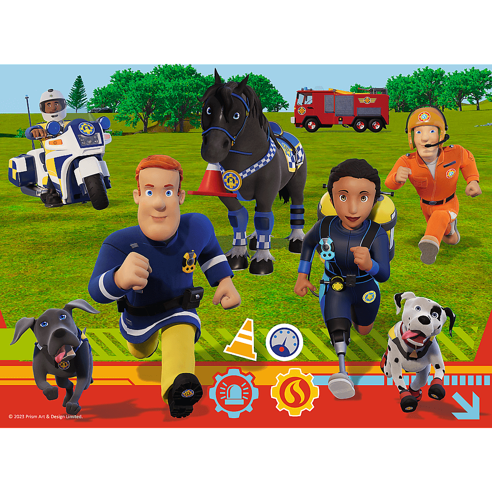 Tekenscène met rennende personages. Politieagent op motor, paard, brandweerwagen, honden, brandweerman en duiker op groen veld.