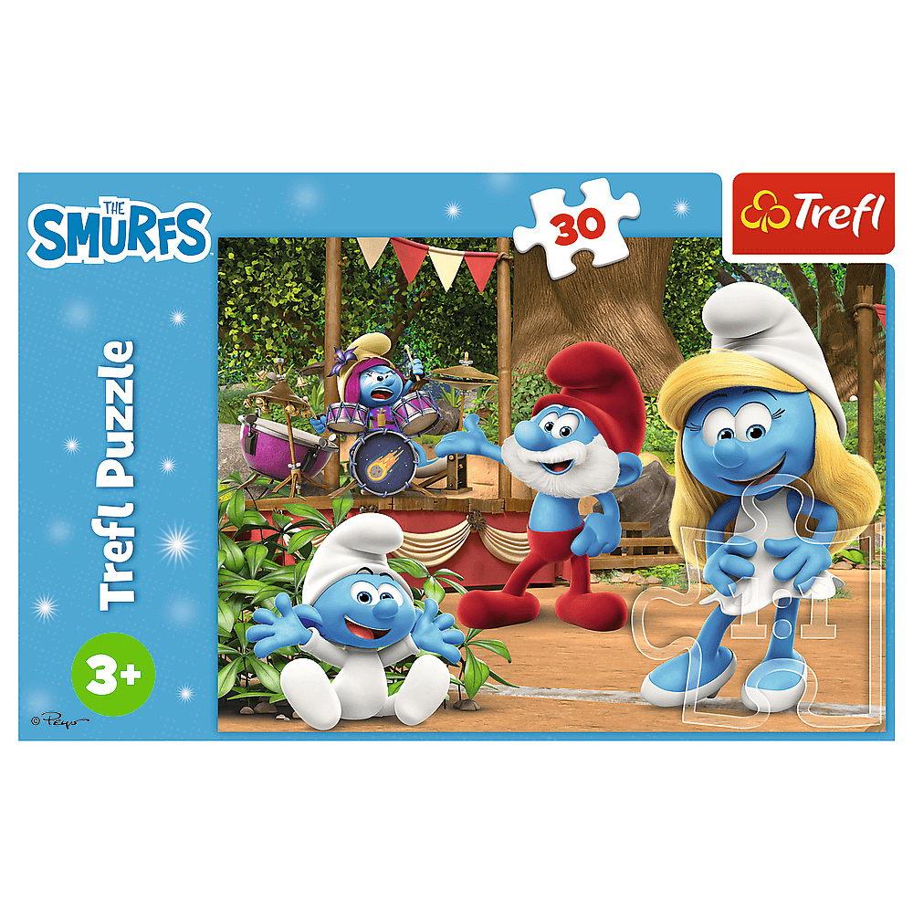 Smurfs Puzzle. Eine Smurf-Band spielt auf der Bühne. Papa Schlumpf, Schlumpfine und andere sind in der Szene zu sehen. Trefl-Logo.
