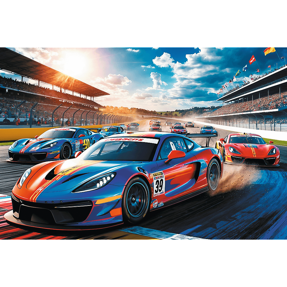 Coches de carreras a gran velocidad en una pista. Coche azul y naranja delante. Espectadores en las gradas. Sol brillante y cielo azul con nubes.