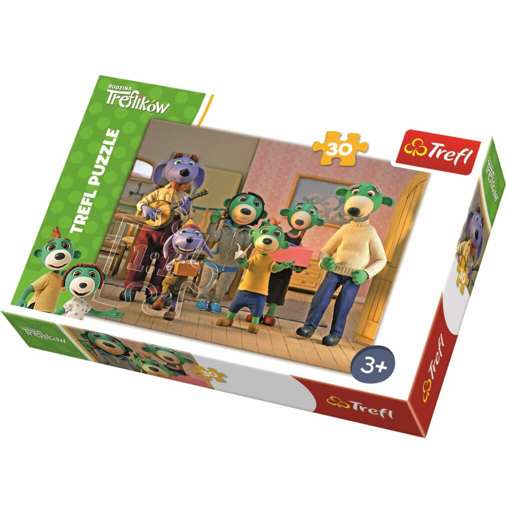 Eine Trefl-Puzzledose. Sie zeigt eine Familie von grünen, hundeartigen Cartoon-Charakteren. Das Puzzle zeigt eine Gruppe von Charakteren in Innenräumen.