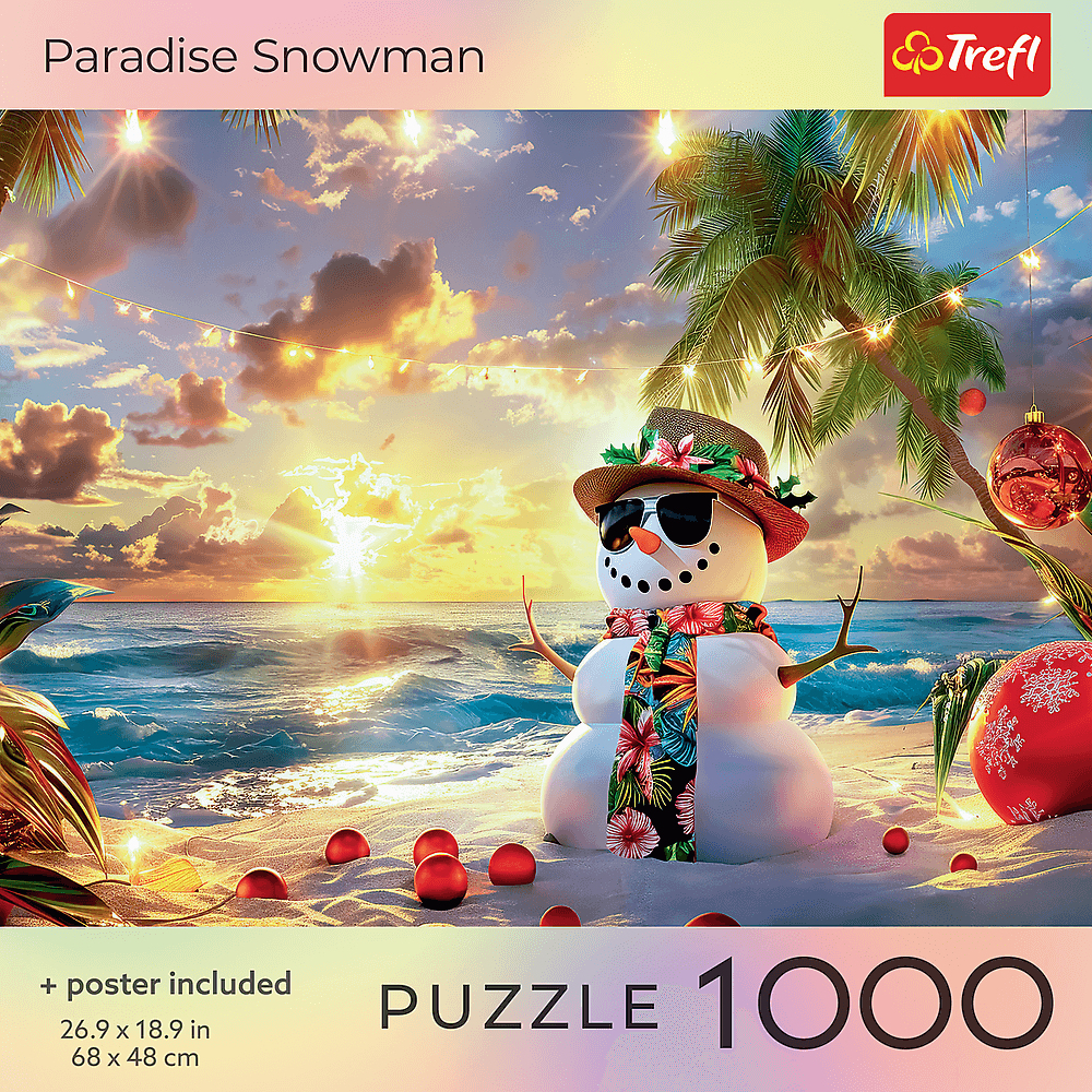 Un bonhomme de neige avec des lunettes de soleil et une écharpe sur une plage au coucher du soleil, avec des palmiers et des décorations de Noël. Le puzzle dit Paradise Snowman 1000.