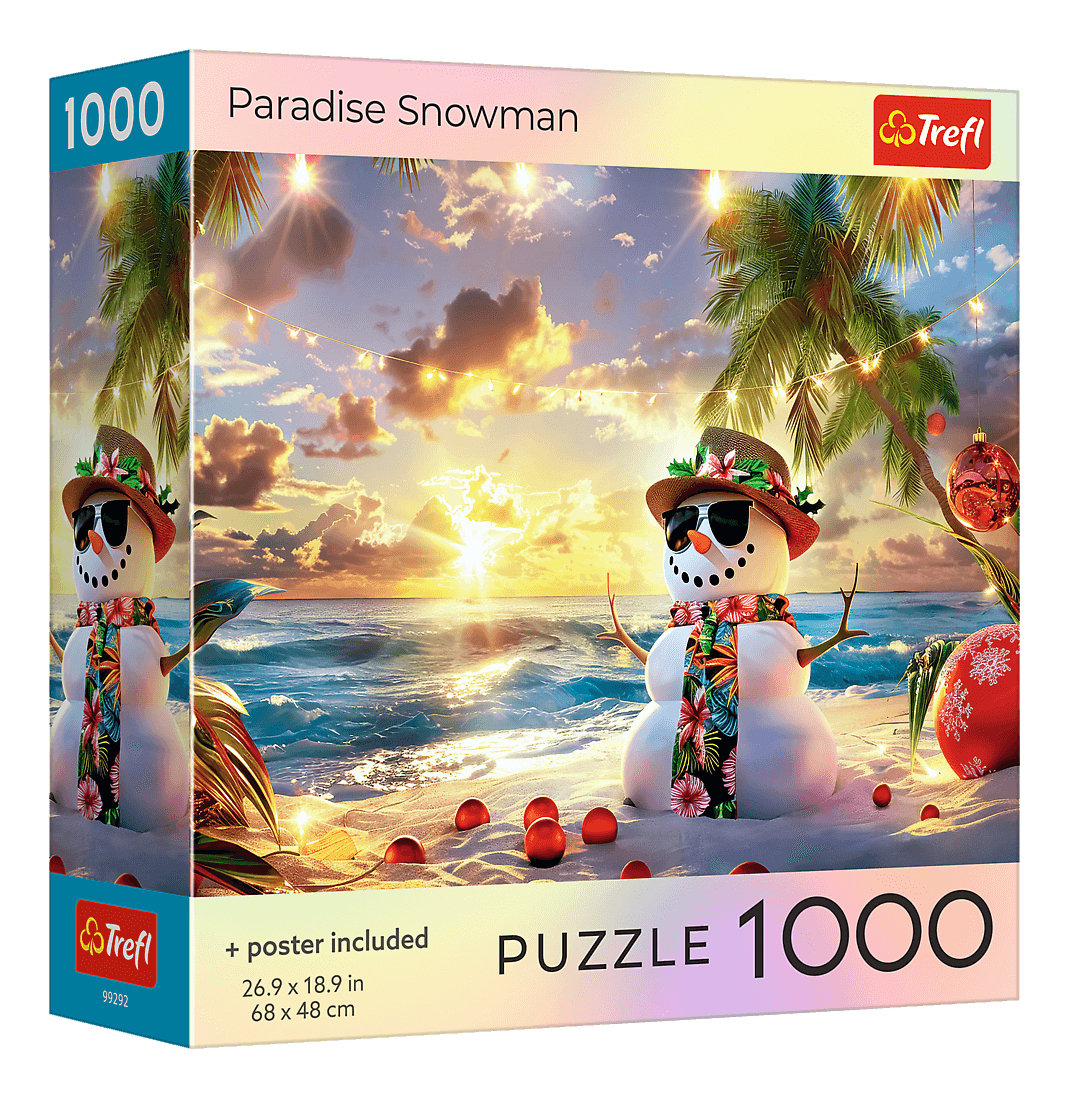 Une boîte de puzzle montre un bonhomme de neige sur une plage au coucher du soleil. Le bonhomme de neige porte des lunettes de soleil et un chapeau. Des palmiers et des ornements sont présents.