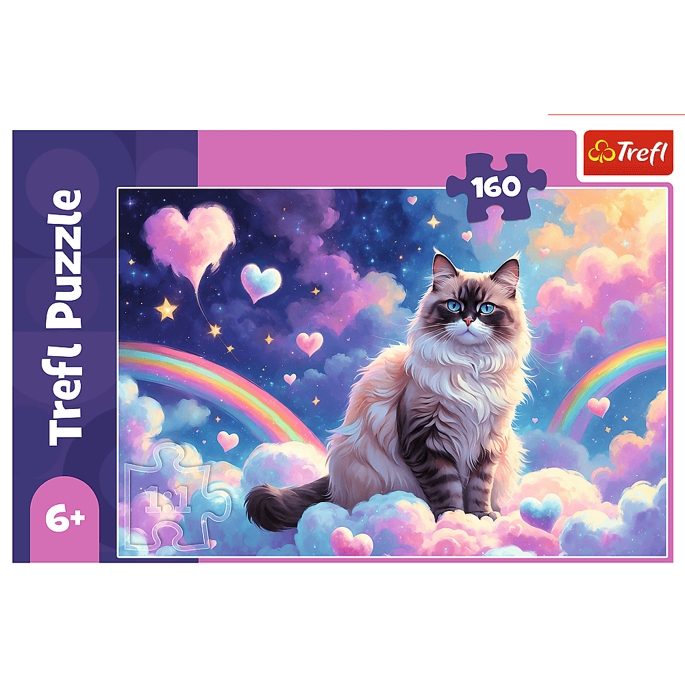Eine flauschige Katze mit blauen Augen sitzt auf Wolken. Herzen und Regenbogen füllen den Himmel. Es ist ein Trefl-Puzzle für Kinder ab 6 Jahren.