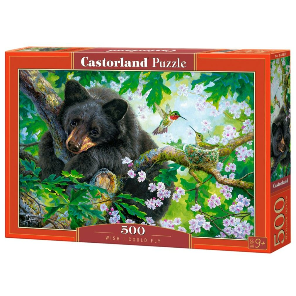 Ein Puzzlekarton mit einem schwarzen Bären auf einem Ast, Kolibris, Nest und Blumen. Auf der Box steht Castorland Puzzle, 500 Teile.