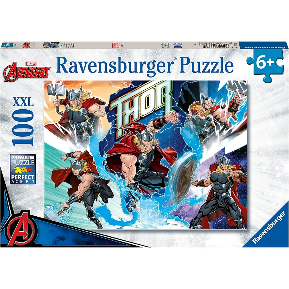 Eine Ravensburger-Puzzledose mit Thor. Thor wird in Actionposen mit seinem Hammer und Schild dargestellt. Die Box ist mit 'Marvel Avengers' beschriftet.