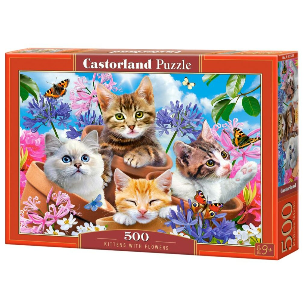Caja de rompecabezas con gatitos en macetas, rodeados de flores y mariposas, bajo un cielo azul.
