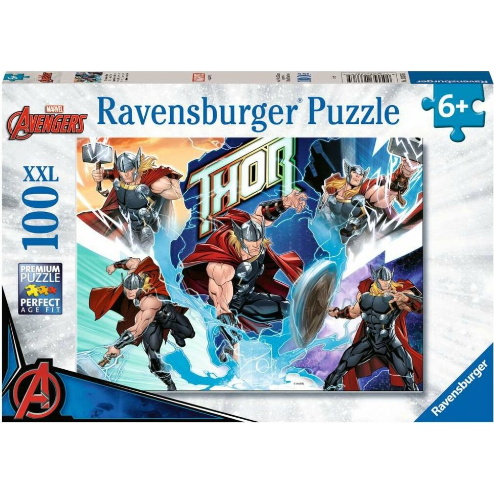 Puzzledose mit Thor von Marvels Avengers. Sie zeigt Thor in Actionposen, mit Blitzeffekten und Puzzledetails.