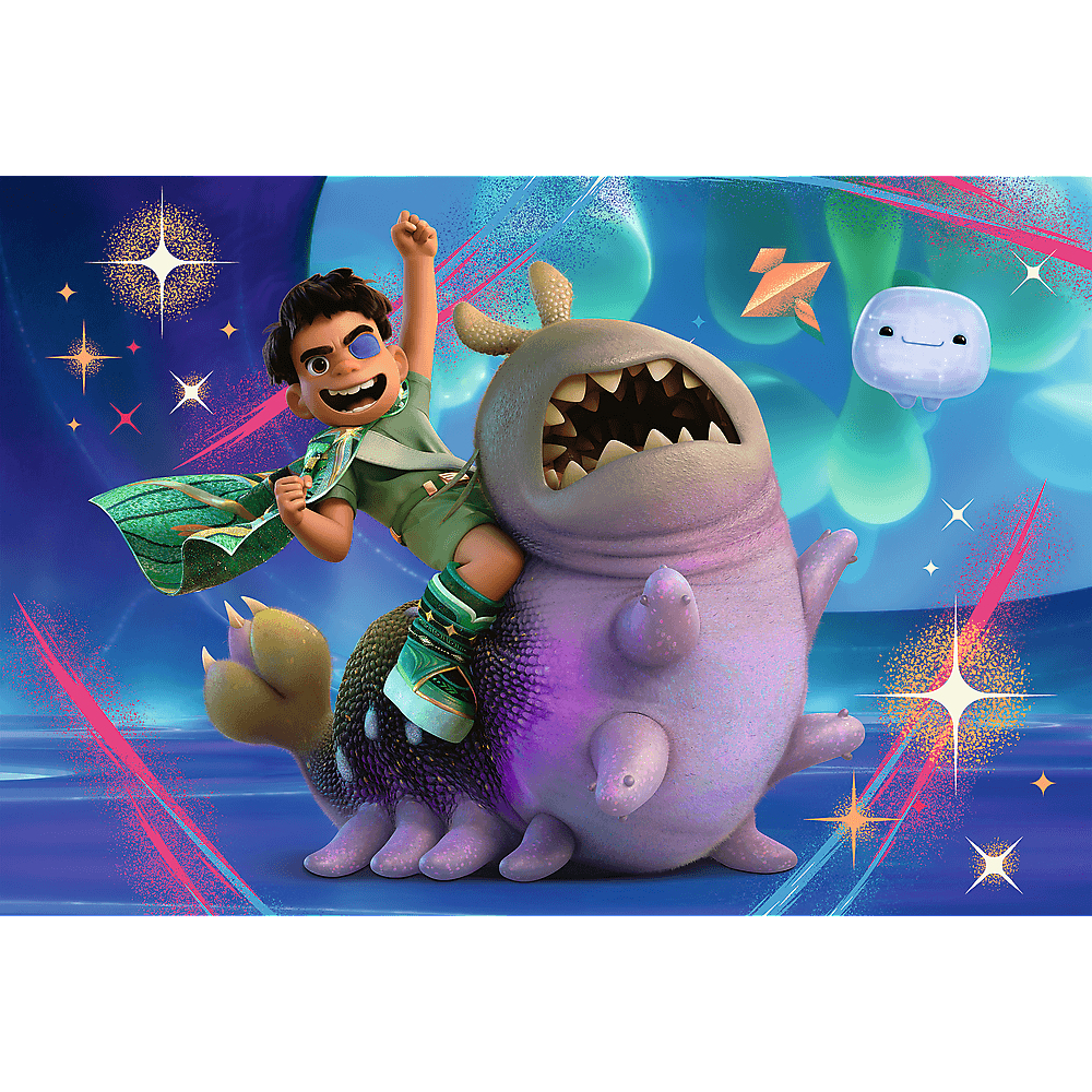 Ein Junge reitet ein lila Monster. Der Junge trägt Grün und einen Umhang und hebt den Arm. Ein schwebendes Wesen und Sterne sind im Hintergrund.